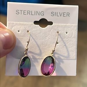 Sterling silver hook earrings with dangle watermelon green, blue & pink drops